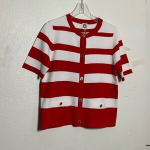 Anne Klein Red and White Striped Short Sleeve Cardigan with Gold Button
